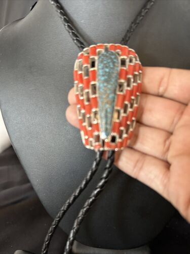 Ultra Rare Native American Men's Bolo Tie | Blue Kingman Turquoise & Coral | Sterling Silver | 14225