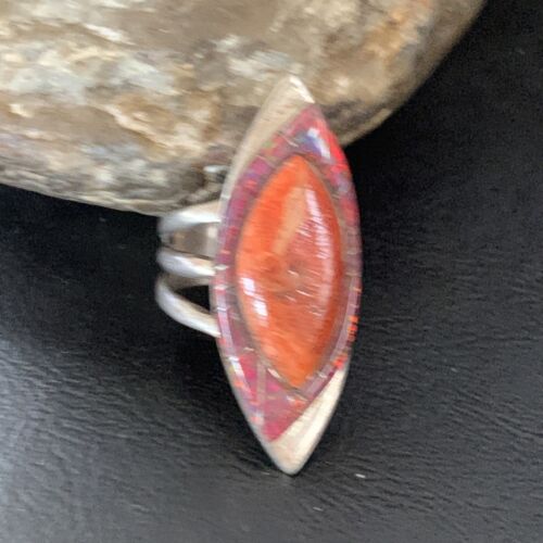 Navajo Red Spiny Oyster Opal Inlay Ring | Sterling Silver | Sz 10 | Authentic Native American Handmade | 12844