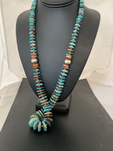 Navajo Sterling Silver Natural Blue Turquoise & Spiny Oyster Graduated Necklace | Authentic Native American | 28" | 331