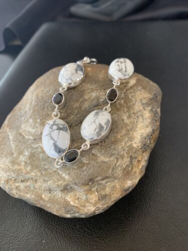 Native American Sterling Silver Smoky Quartz White Howlite Link Bracelet | 8" | 11656