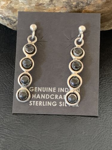 Navajo Multi-Stone Black Onyx Drop Earrings | Sterling Silver | 1.25" | 12649