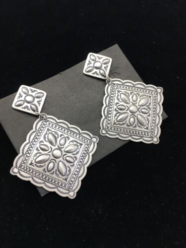 Native American Navajo Stamped Earrings | Sterling Silver | 2.75" | 1733 - Masha USA