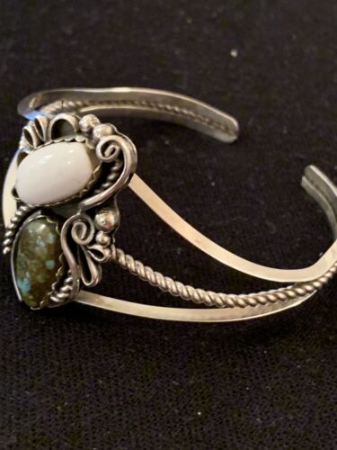 Navajo White Buffalo Turquoise Cuff Bracelet | Sterling Silver | Authentic Native American Handmade | 347
