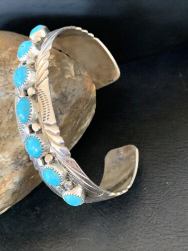 Navajo Kingman Turquoise Cuff Bracelet | Sterling Silver | 7 Stone | Authentic Native American Handmade | 12314