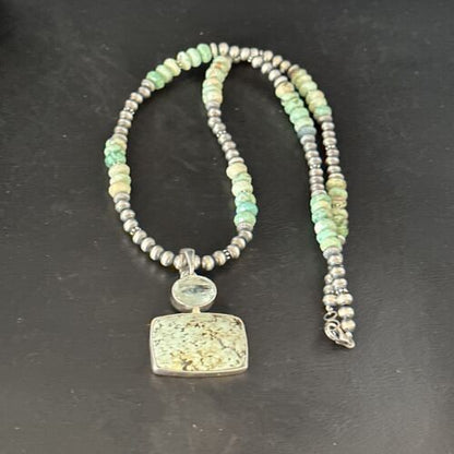 Navajo Pearls Necklace with Wild Horse Turquoise Pendant | Sterling Silver | Authentic Native American Handmade | 13906