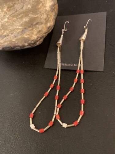 XL Coral Heishi Beads Earrings | Sterling Silver Navajo Pearls | 4" | Authentic Native American Handmade | 13033
