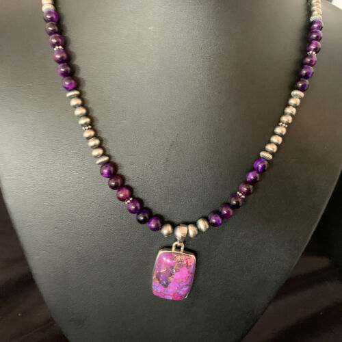 Navajo Pearl Purple Mojave Turquoise Onyx Pendant Necklace | Sterling Silver | Native American Handmade | 13401