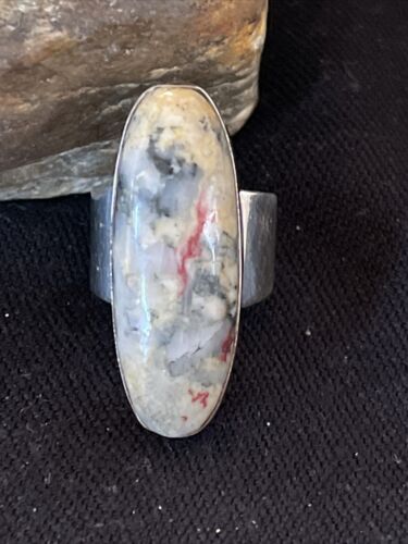 Native American Men's Cinnabrite Ring | White Black | Sterling Silver Handmade | Sz 7 | 01567