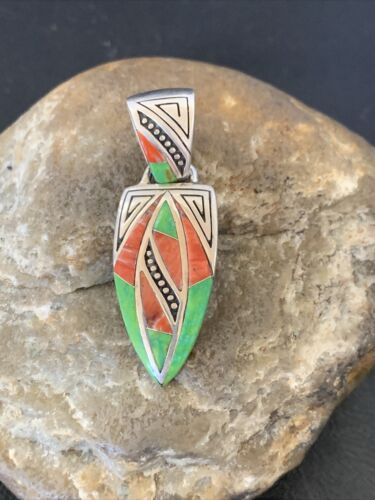 Navajo Pink Coral & Green Gaspeite Inlay Pendant | Sterling Silver | Authentic Native American Handmade | 12483