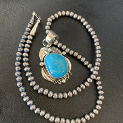 Men's Navajo Pearls Necklace with Blue Kingman Turquoise Pendant | Sterling Silver | Native American Handmade | 12593