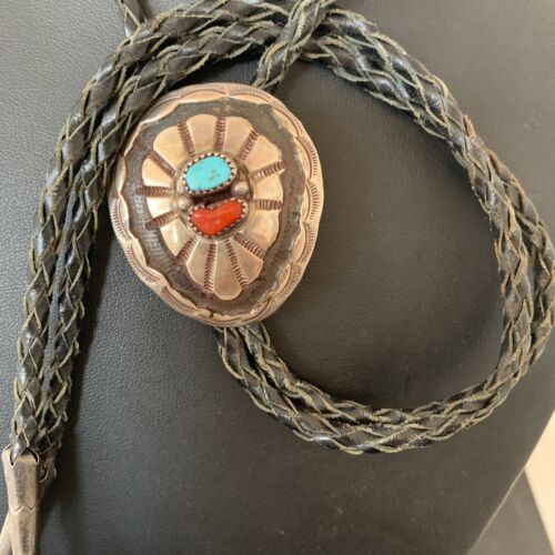 Navajo Turquoise Coral Bolo Tie | Sterling Silver | Authentic Native American Handmade | 1999 Bolo