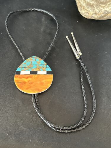 Men's Bolo Tie | Turquoise & Orange Spiny Oyster | Sterling Silver Tips | 14628