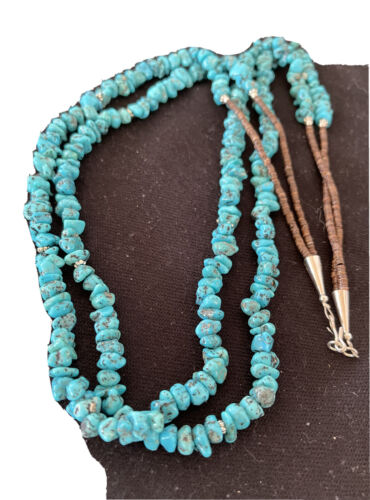 Navajo Kingman Turquoise 2 Strand Necklace | Sterling Silver | Authentic Native American Handmade | 01159