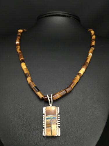 Authentic Native American Tigers Eye Inlay Pendant | Navajo Sterling Silver Necklace | 21" | 4895