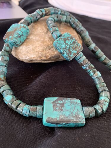 Native American Rustic Turquoise Nugget Heishi Bead Necklace | Sterling Silver | 22" | 01397