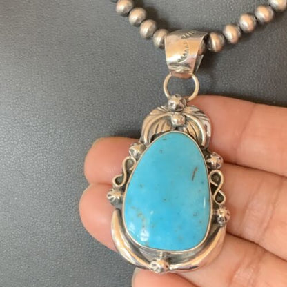 Men's Navajo Pearls Necklace with Blue Kingman Turquoise Pendant | Sterling Silver | Native American Handmade | 12599 - Masha USA