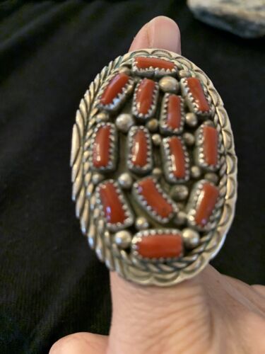 Navajo Red Coral Cluster Ring | Authentic Native American Sterling Silver | Multi-Stone | Sz 6.5 | 02220