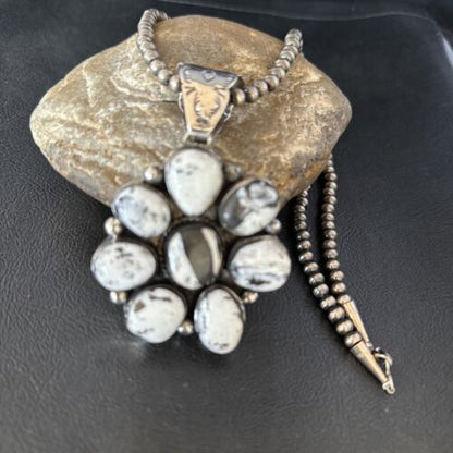 Navajo White Buffalo Turquoise Cluster Pendant | Authentic Native American Sterling Silver | Multi-Stone | 14676 - Masha USA