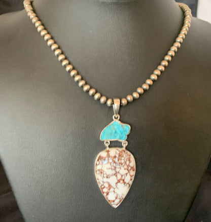 Navajo Pearl Wild Horse Kingman Turquoise Necklace Pendant | Authentic Native American Sterling Silver | Multi-Stone | 11811