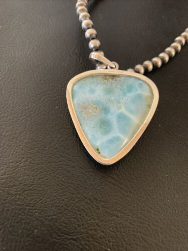 Navajo Blue Larimar Pendant Necklace | Sterling Silver Beads | Authentic Native American Handmade | 1764