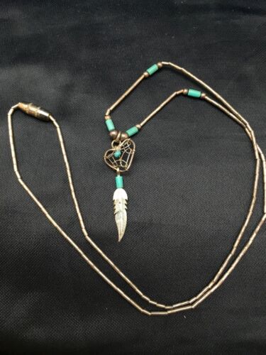 Navajo Turquoise Feather Pendant Necklace | Sterling Silver | Native American Handmade | 8970