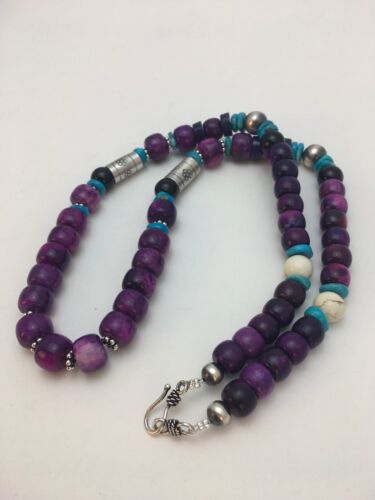 Navajo Purple Sugilite Turquoise Bead Necklace | Sterling Silver | Authentic Native American Handmade | 22" | 8913