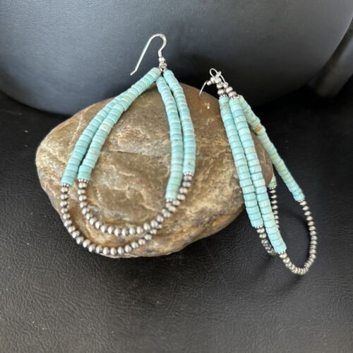 Navajo Turquoise Heishi Beads Earrings | Sterling Silver | 5" | Authentic Native American Handmade | 14295