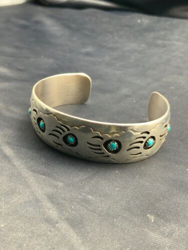 Navajo Turquoise Shadow Box Bear Paw Bracelet | Sterling Silver | Authentic Native American Handmade | 4610