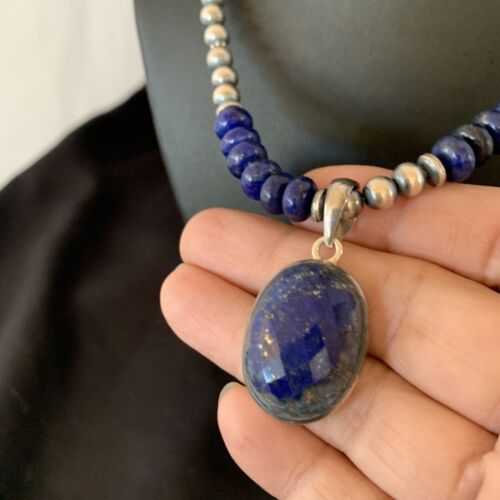 Navajo Sterling Silver Bead Necklace | Lapis Lazuli Faceted Pendant | Authentic Native American Handmade | 11367