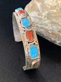 Navajo Sterling Silver Cuff Bracelet | Blue Kingman Turquoise & Coral | 5 Strand | Handmade | 12697