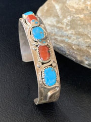 Navajo Sterling Silver Cuff Bracelet | Blue Kingman Turquoise & Coral | 5 Strand | Handmade | 12697