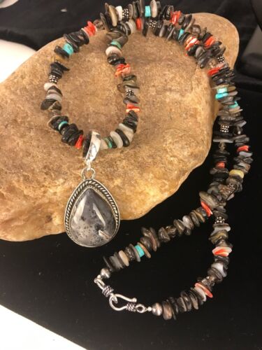 Navajo Turquoise Spiny Oyster Abalone Pendant Necklace | Sterling Silver | Authentic Native American Handmade | 11886