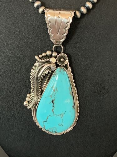 Men's Kingman Turquoise Pendant | Navajo Pearls Sterling Silver Necklace | Authentic Native American Handmade | 4299