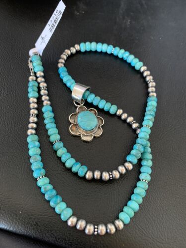 Navajo Blue Turquoise Pendant Necklace | Sterling Silver Pearls | Authentic Native American Handmade | 13216