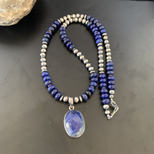 Navajo Sterling Silver Bead Necklace | Lapis Lazuli Faceted Pendant | Authentic Native American Handmade | 11367