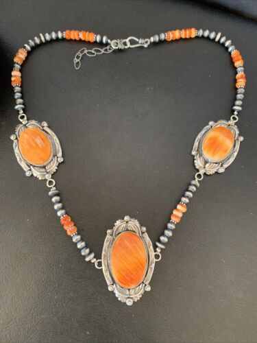 Navajo Pearls Orange Spiny Oyster Pendant Necklace | Sterling Silver | Authentic Native American Handmade | 10808