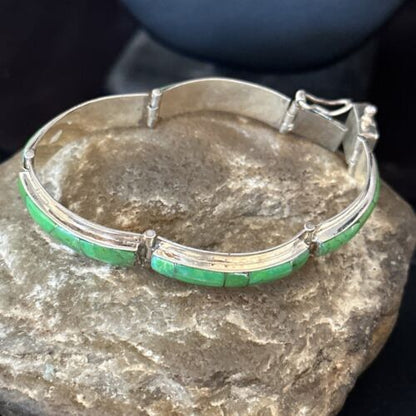 Women's Green Gaspeite Inlay Link Bracelet | Sterling Silver | 6.25" | 14526