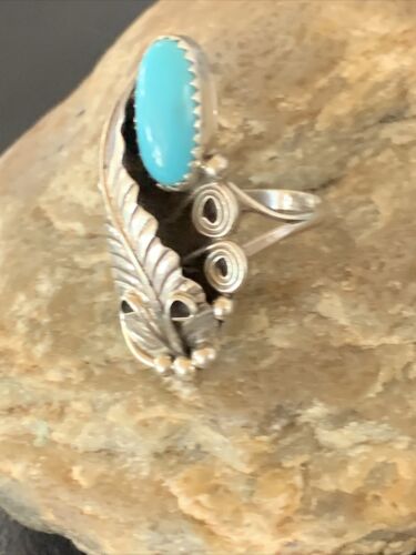 Navajo Feather Blue Turquoise Ring | Sterling Silver | Sz 7.5 | Authentic Native American Handmade | 11734
