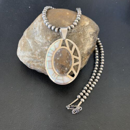 Navajo White Opal Inlay Jasper Pendant | Sterling Silver | 2.5" | Authentic Native American Handmade | 12271