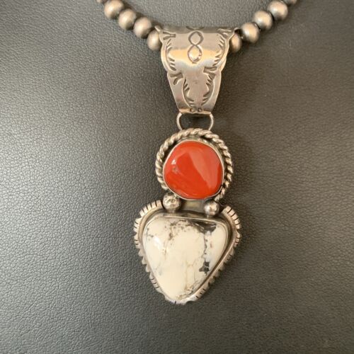 Navajo White Buffalo Turquoise Coral Pendant | Sterling Silver | Multi-Stone Necklace | 13578