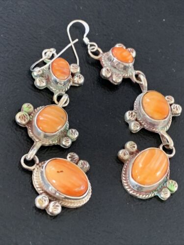 Navajo Orange Spiny Oyster Dangle Earrings | Sterling Silver | Authentic Native American Handmade | 1231