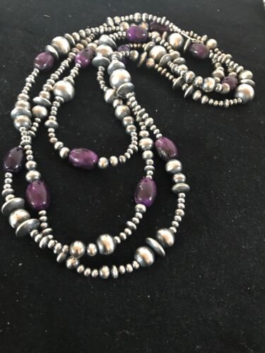 Navajo Pearls Necklace | Sterling Silver Sugilite Beads | 70" | Authentic Native American Handmade | 8052