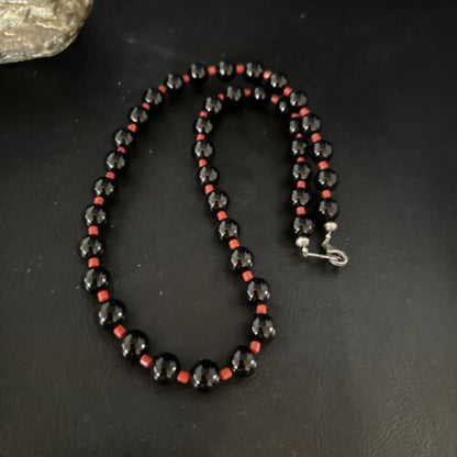 Men's Navajo Bamboo Coral Black Onyx Necklace | Sterling Silver | 20" | Authentic Native American Handmade | 14365