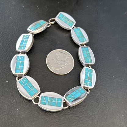 Men's Sterling Silver Navajo Turquoise Inlay Link Bracelet | 8.5" | Authentic Native American Handmade | 14659