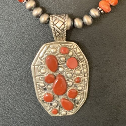Navajo Red Coral & Spiny Oyster Necklace | Sterling Silver Bead | Authentic Native American Handmade | 13735