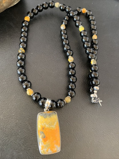 Men's Navajo Pearls Onyx Bumblebee Jasper Necklace Pendant | Sterling Silver | Native American Handmade | 10326