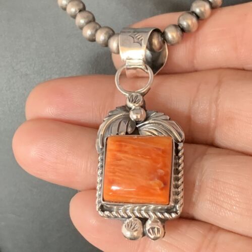 Navajo Orange Spiny Oyster Pendant | Sterling Silver | Authentic Native American Handmade | 13640