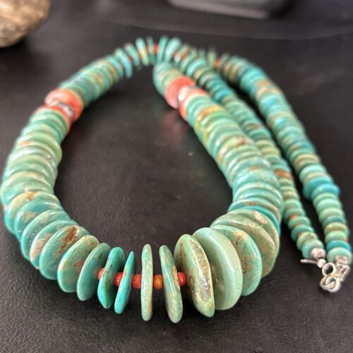 Navajo Turquoise & Red Spiny Oyster Necklace | Sterling Silver | Authentic Native American | 32" | 14376