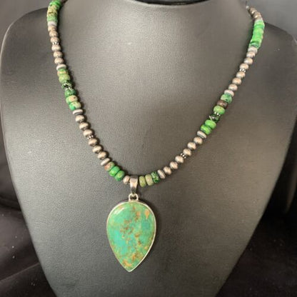 Navajo Pearl Green Turquoise Necklace Pendant | Sterling Silver | Authentic Native American Handmade | 13469