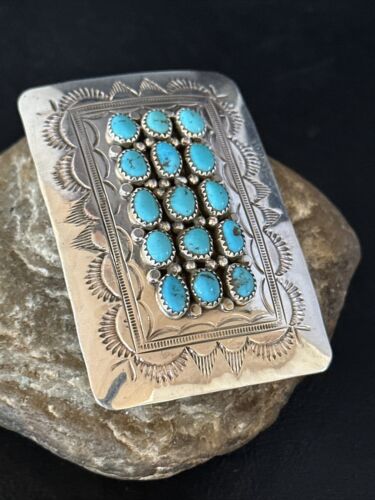 Navajo Blue Kingman Turquoise Concho Belt Buckle | Sterling Silver | Authentic Native American Handmade | 14795